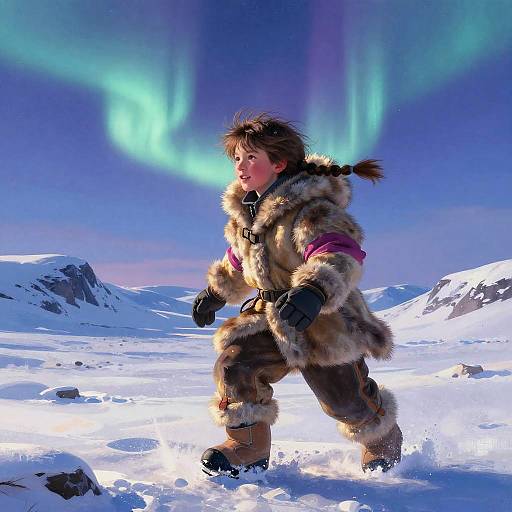Photograph of a young woman in a fur-lined parka, mittens, and boots, walking in a snowy Arctic landscape with vibrant green auroras
