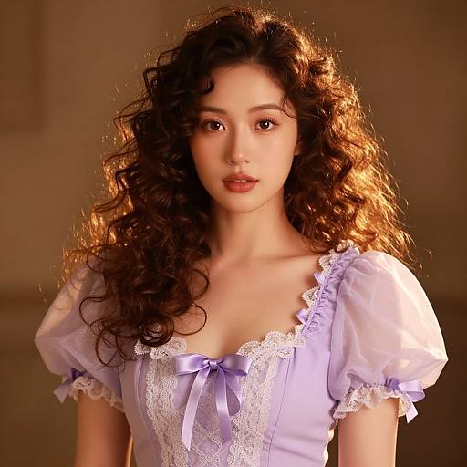 Photograph of a young woman with fair skin, curly brown hair, and light purple, lace-trimmed, puffed-sleeve dress,