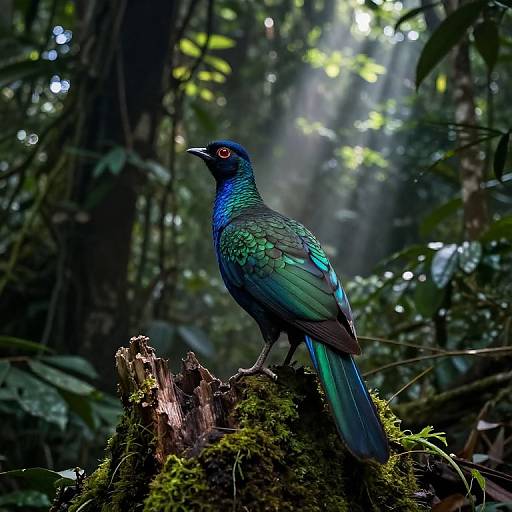 Photograph of a vibrant, iridescent bird with blue and green feathers perched on a mossy log in a sunlit, dense forest.
