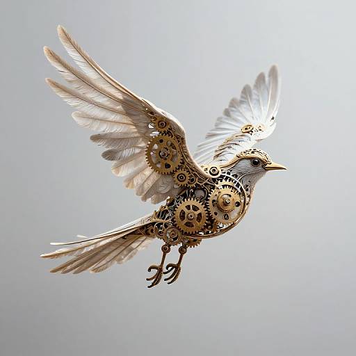 Steampunk-style, intricately designed bird with gears and cogs, white feathers, and metallic wings, soaring against a bright, sunlit sky