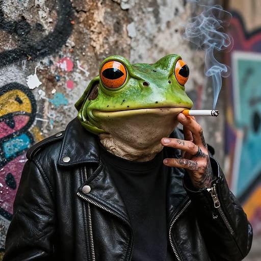 Photograph of a green frog with large orange eyes, wearing a black leather jacket, smoking a cigarette against a graffiti-covered wall.