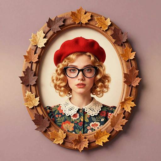 Photograph of a blonde woman with curly hair, red beret, black glasses, floral dress, and white lace collar, framed by autumn leaves in