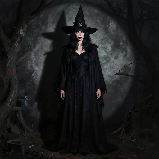 Digital artwork of a pale, dark-haired witch with a black pointed hat and tattered cloak, standing in a dimly lit, eerie forest.
