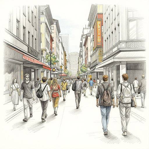 Illustration of a bustling city street with diverse pedestrians, wearing casual clothes, walking between tall, detailed buildings with storefronts and signs.