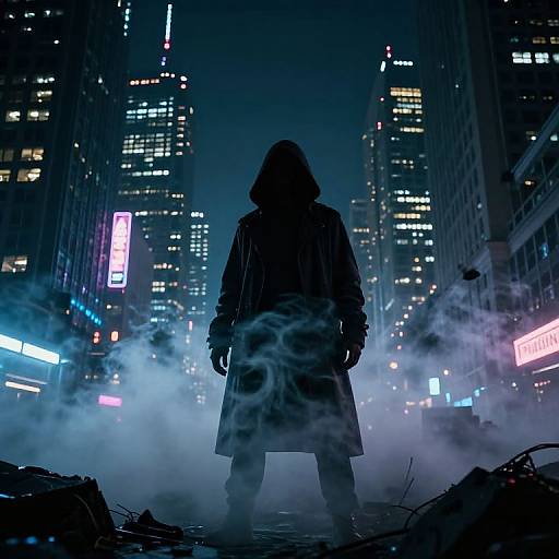 Silhouetted figure in hooded coat stands in smoky, neon-lit urban street at night, surrounded by towering skyscrapers. Digital