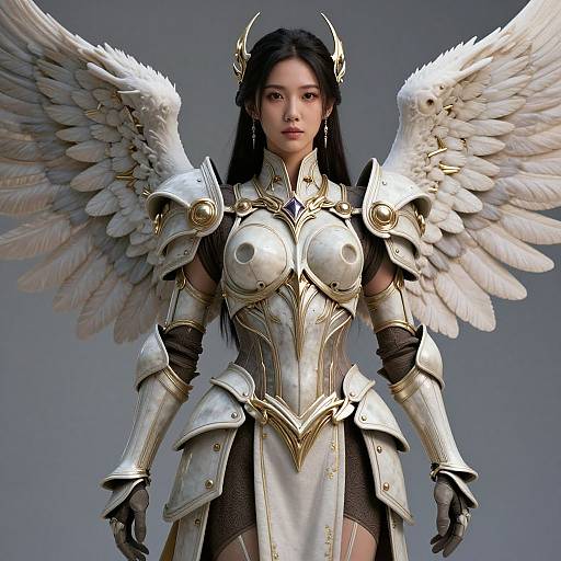 Digital art of an Asian angel warrior with white wings, golden armor, and large breasts, standing against a gray background.