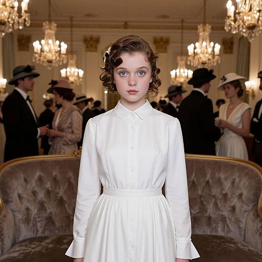 Photograph of a young girl with curly brown hair, wearing a white long-sleeved dress, standing in an elegant, chandelier-lit ball