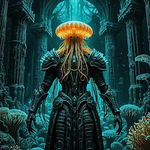Ethereal Jellyfish Knight in Underwater Ancient City