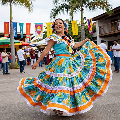Photograph of a joyful Mexican woman dancing in a colorful traditional dress, bright blue with orange and white frills, outdoors at a festive market with palm