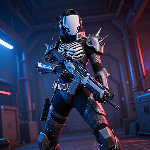 Digital CGI of futuristic, armored soldier with white visor, black and silver armor, holding sci-fi rifle in dimly lit, industrial background.