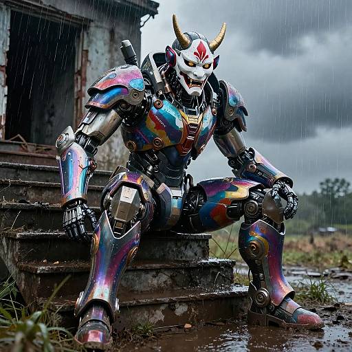 Photorealistic digital artwork of a colorful, horned, robotic warrior sitting on wet, rusty steps in a rainy, overcast landscape.