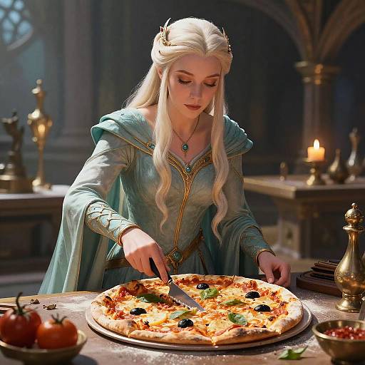 Digital art of a fair-skinned, blonde-haired woman in a teal medieval dress slicing a pizza with olives and greens in a candlelit, stone