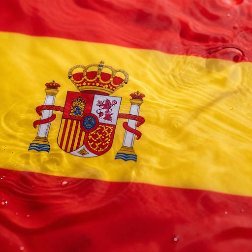 Photograph of the Spanish flag with red and yellow horizontal stripes, featuring the detailed royal coat of arms in the center.