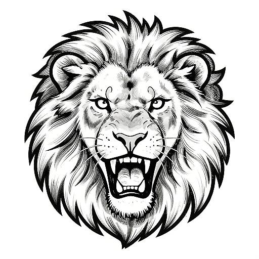 Black and white ink drawing of a roaring lion's head with detailed, fierce expression and thick, spiky mane. Bold, dynamic lines highlight aggressive energy