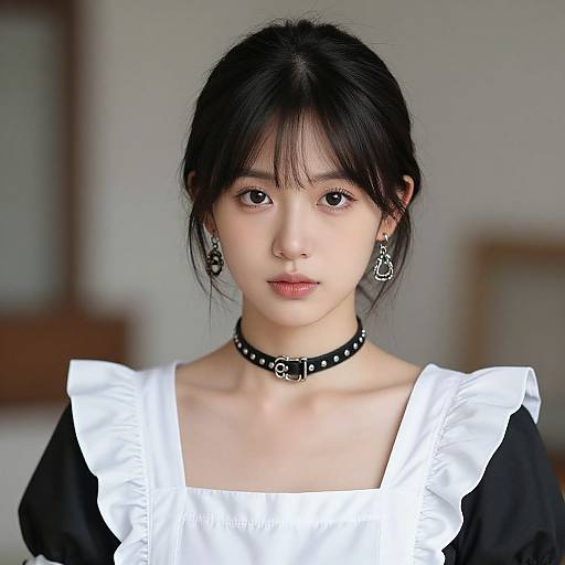 Photograph of an East Asian woman with black hair, wearing a black and white maid outfit, black choker, and gothic-style earrings, with