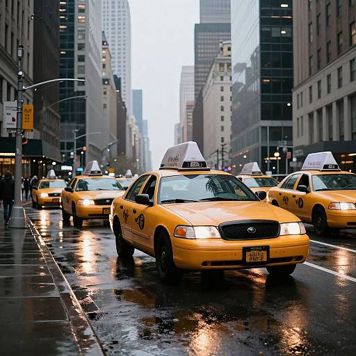 Photograph of a rainy New York City street with bright yellow taxis, wet pavement, and tall buildings in the background.