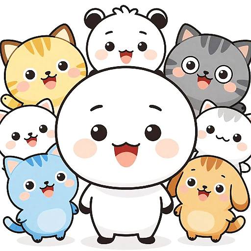 Cute digital illustration of seven chibi-style animals: white bear, yellow cat, grey cat, blue cat, orange dog, white cat, and