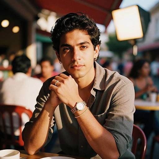 Photograph of a young man with dark, curly hair, wearing a gray button-up shirt, gold watch, and earrings, sitting at an outdoor café
