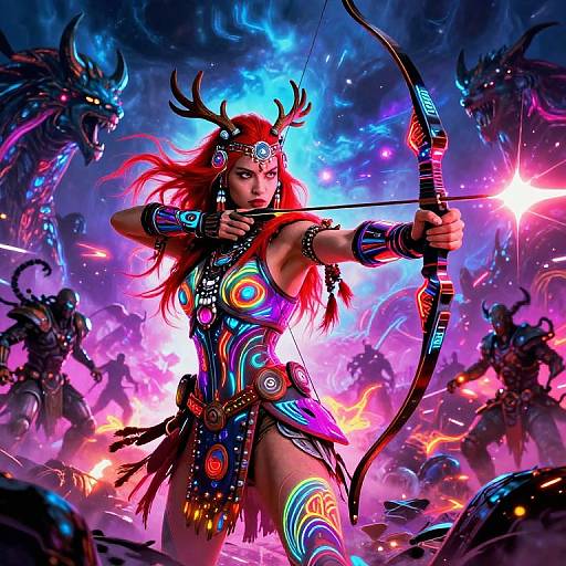 Digital fantasy artwork: A fierce, red-haired warrior with glowing armor and antler headpiece, drawing a vibrant, neon-lit bow amidst fiery,