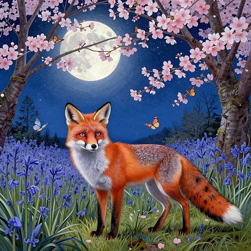 Digital art of a red fox with white underbelly, standing under cherry blossoms, surrounded by bluebell flowers, with a full moon and butterflies