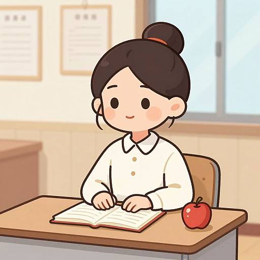 Digital anime-style drawing of a cute, blushing girl with black hair in a bun, wearing a white shirt, writing at a desk with an apple