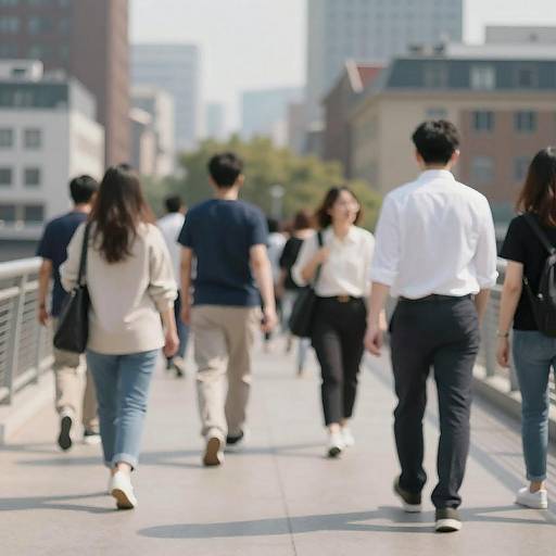 Busy pedestrian bridge with people walking