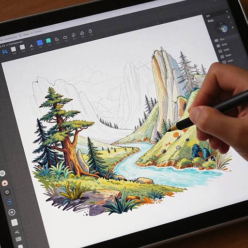 Photograph of a hand drawing colorful, detailed landscape with a winding river, tall cliffs, and trees on a digital tablet.