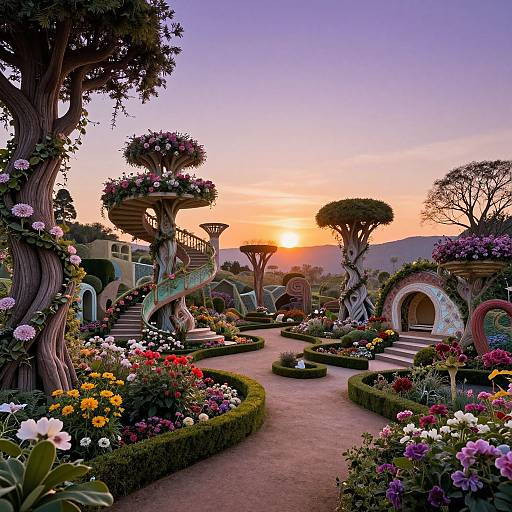 Fantastical garden scene at sunset, featuring spiral trees, colorful flowers, winding pathways, arched stone structures, and vibrant, whimsical landscaping.