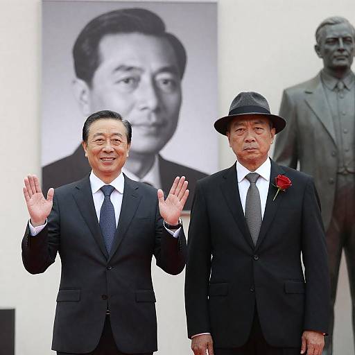Two Men in Suits with Portrait and Statue