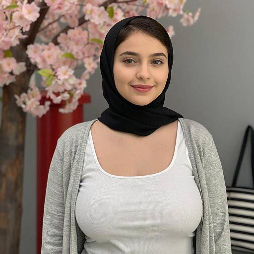 Photograph of a young woman with fair skin, dark hair in a black hijab, wearing a white ribbed top and grey cardigan, standing