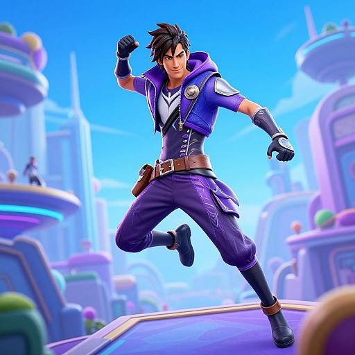 Digital art of a confident, muscular, anime-style male character in a blue and black outfit, mid-jump in a futuristic cityscape.