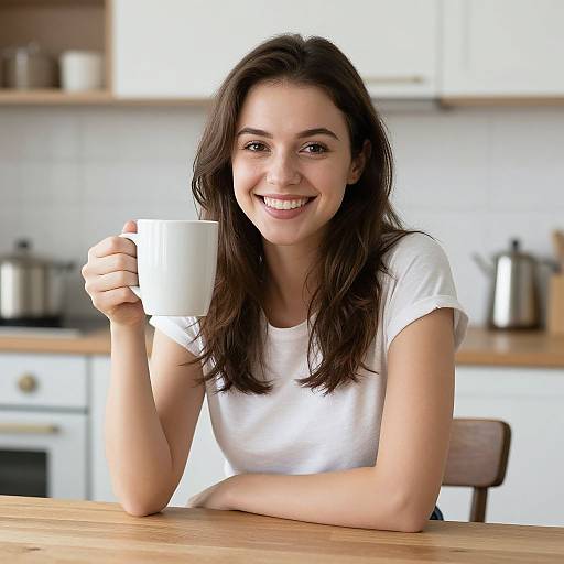 Photograph of a smiling young woman with long dark hair, wearing a white t-shirt, holding a white mug at a wooden kitchen table. Background features