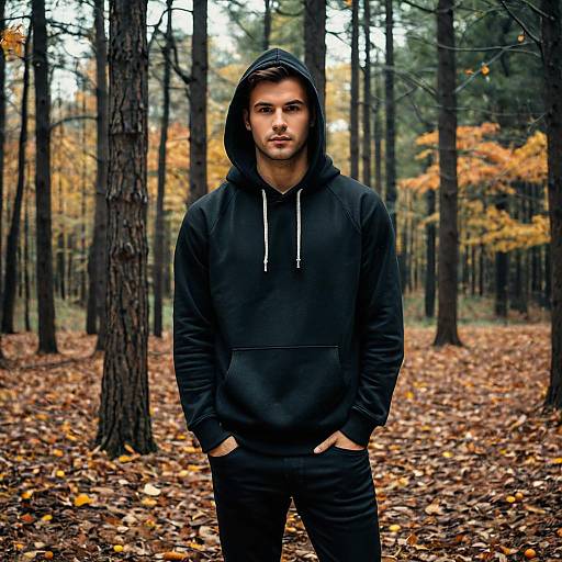 Man in Black Hoodie Standing in Autumn Forest