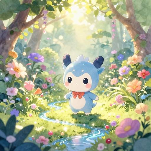 Cute, chibi-style blue and white animal with black ears stands in a sunlit, colorful forest meadow, surrounded by vibrant flowers and a