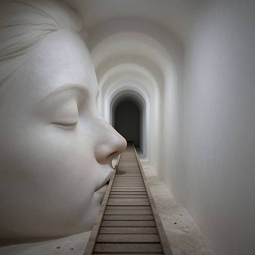 Photograph-style CGI: Close-up of a pale-skinned child's serene profile in a white, arched, tunnel-like corridor with wooden floorboards