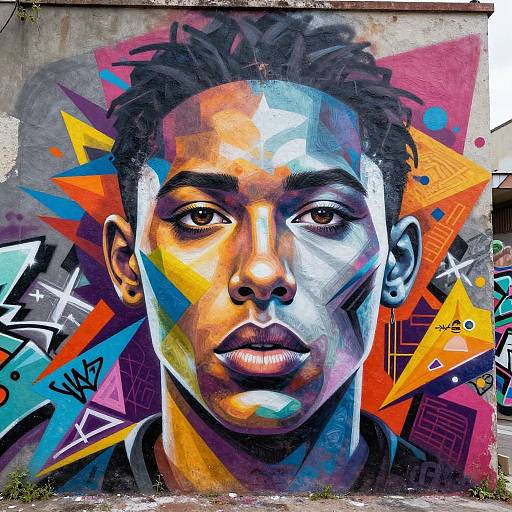 Vibrant graffiti portrait of an African-American man with dark curly hair, colorful geometric shapes, and bold colors on a concrete wall.
