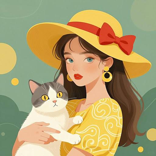Young Woman Holding Cat in Yellow Hat