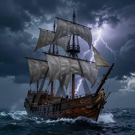 Photorealistic digital painting of a stormy, lightning-struck, wooden pirate ship with billowing white sails riding turbulent, dark blue ocean waves.