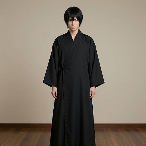 Photograph of an Asian man with black, tousled hair, wearing a long, black kimono, standing against a plain, beige wall on wooden