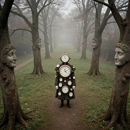 Photograph of a clock figure with multiple clocks on a black coat, standing between two tree trunks with carved faces, in a foggy, leaf
