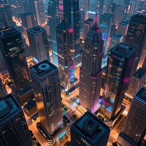 Aerial photograph of a vibrant, neon-lit cityscape at night, featuring towering skyscrapers with colorful lights, busy streets, and illuminated traffic