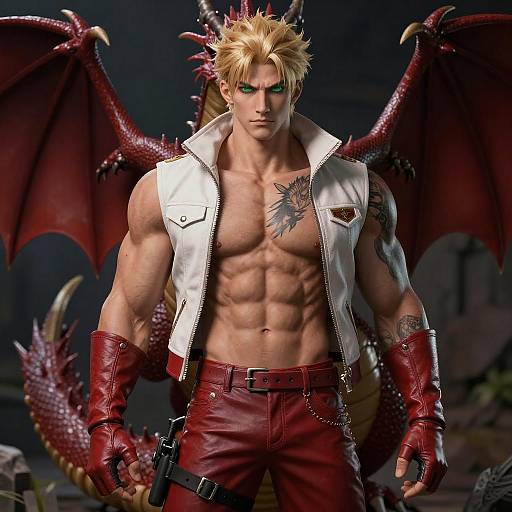 Photorealistic Muscular Red Anthro Dragon