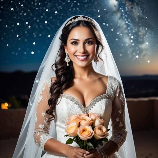 Smiling Bride Holding Rose Bouquet at Night