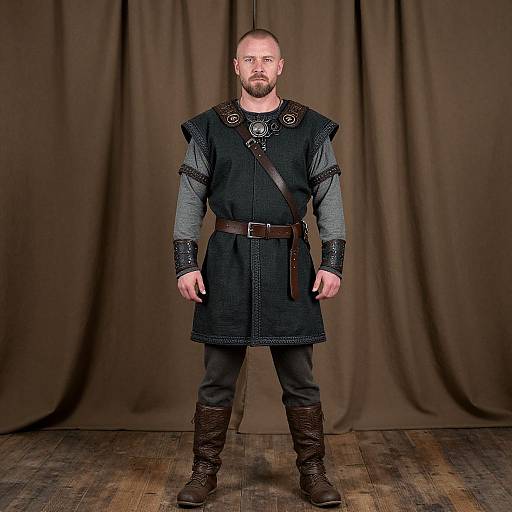 Photograph of a bearded man in medieval attire: black tunic with silver trim, gray long-sleeve shirt, brown belt, boots,