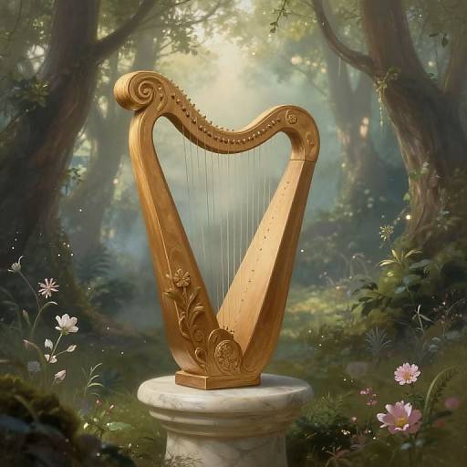 Digital painting of an ornate golden harp with floral carvings, centered in a mystical forest with dappled sunlight and blooming flowers.