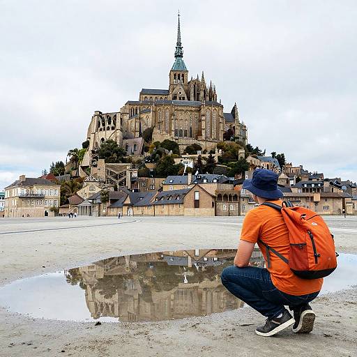 Photograph of a man in an orange shirt and blue cap, crouching by a puddle reflecting the towering, historic hilltop city of Ann