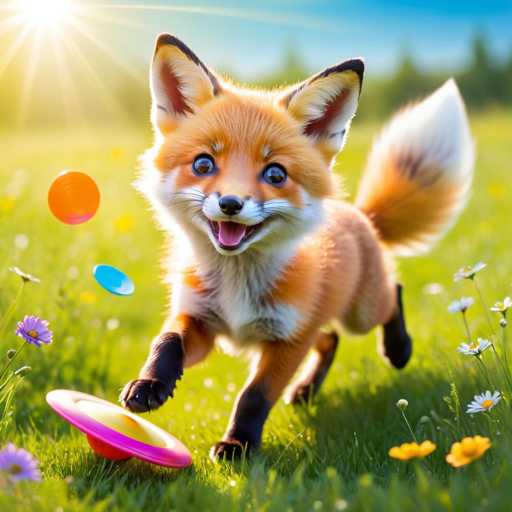 Playful Fox Cub Chasing Frisbee in Meadow