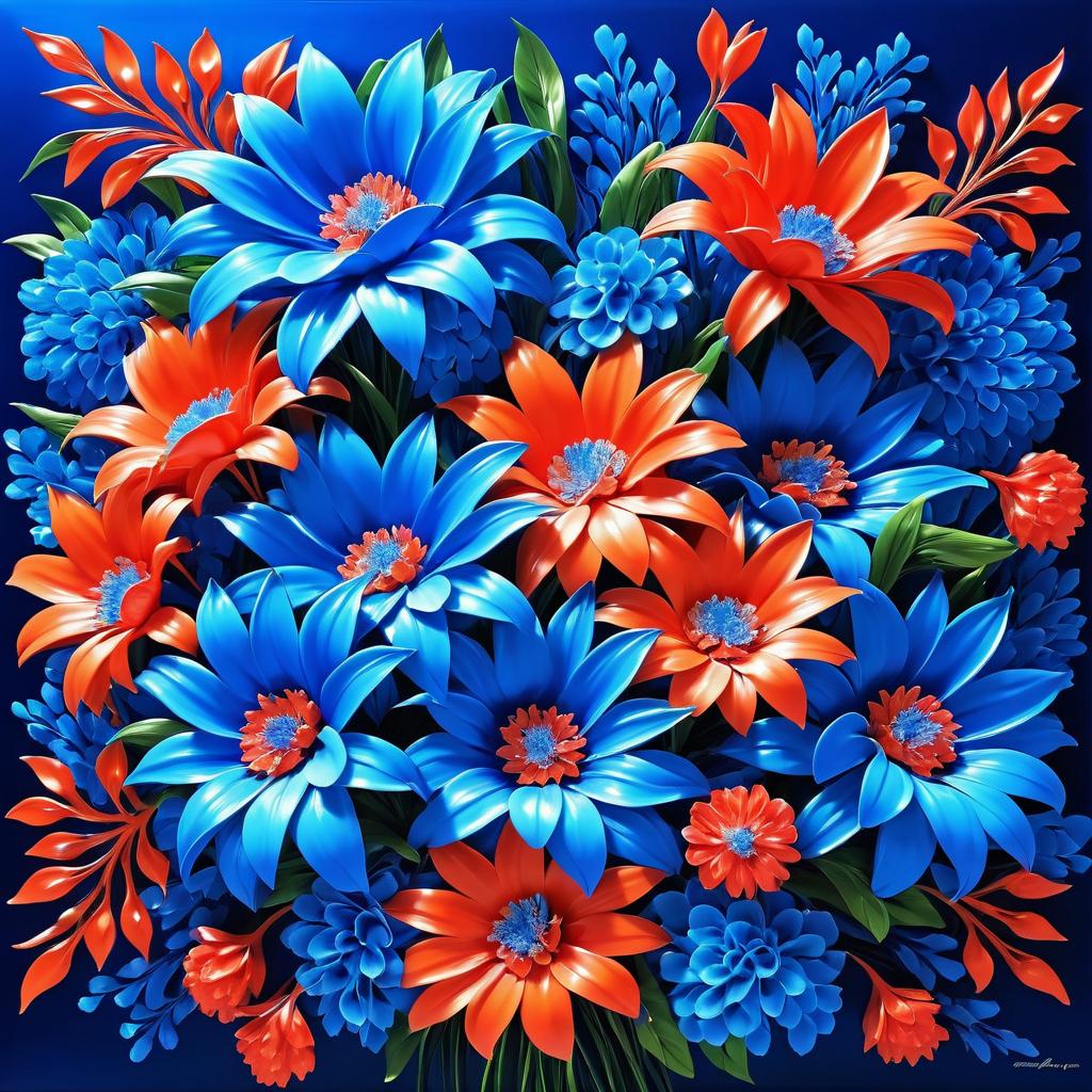 Vibrant Cerulean and Coral Floral Art