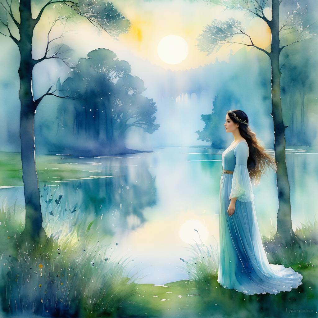 Morgana in a Serene Watercolor Landscape