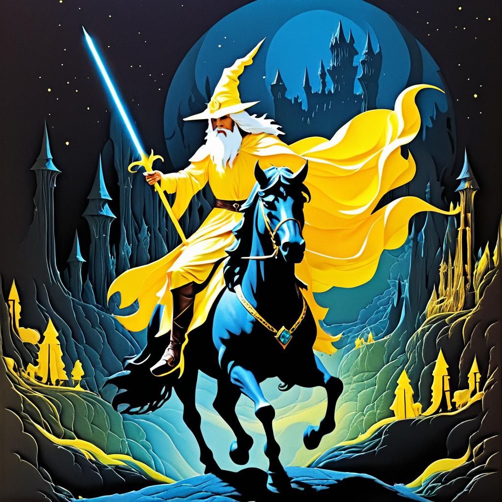 1970s Dark Fantasy Wizard on Unicorn